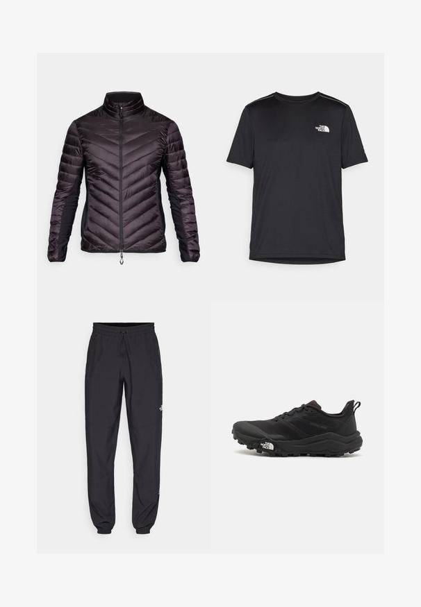 Crna izolirana jakna s visokim ovratnikom, koja ima chevron kviltani dizajn sprijeda, zatvaranje na zip i elastične bočne panele.; Crna majica kratkih rukava izrađena od lagane tkanine. Ima mali bijeli logo na lijevoj strani grudi i suptilne naglaske na ramenima.; Crne sportske hlače od lagane tkanine, s pojasom na vezanje, bočnim džepovima i suženim manžetama na gležnjevima.; Crne trail trkačke cipele s teksturiranim gornjim dijelom, gumeni potplat i ojačana zaštita za prste. Imaju podstavljen ovratnik i trakicu za lakše obuvanje.