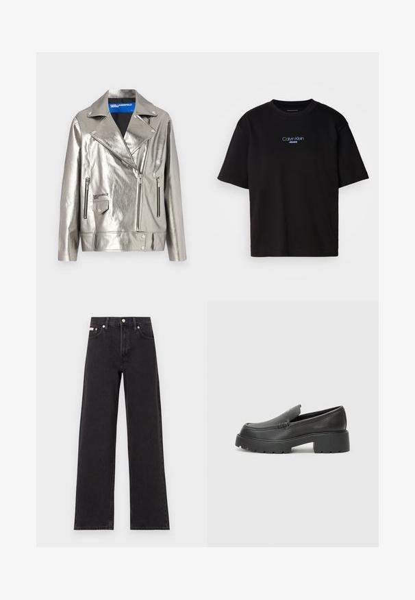 Hõbedane metallik faux nahast mootorratturi jakk, millel on asümmeetriline tõmblukk, krae ja brändi tikand taskul.; Mustmust särk ümmarguse kaelusega, lühikeste varrukatega ja sinise tikandiga "Calvin Klein JEANS" logo ees.; Mustad laiad mustad teksad, millel on kõrge vöökoht, viie tasku stiil ja metallist nööpkinnitus kontrastsete õmblustega.; Mustad nahast loafers ümarate varvastega, paksu tekstuuriga tald ja minimaalsete õmbluse detailidega. Viimistletud disain, kus pole nähtavaid paelu ega riistu.