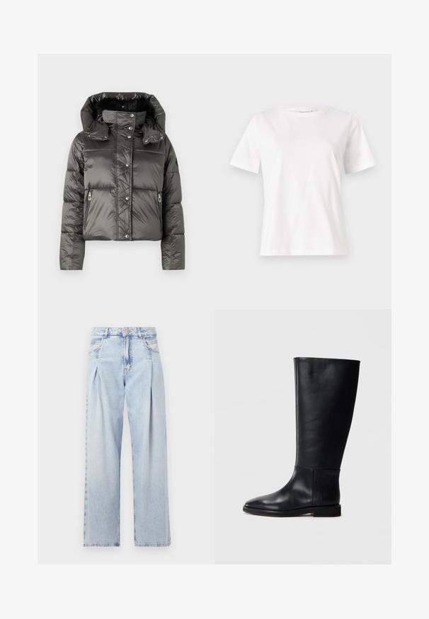Zkrácená péřová bunda tmavě šedé barvy s lesklým povrchem, která má odnímatelnou kapuci, zipové kapsy a zapínání na patentky.; Bílý bavlněný tričko s krátkým rukávem, kulatým výstřihem a volnějším střihem. Hladká textura, bez vzorů nebo akcentů, minimalistický design.; Světlé modré džíny z denimu s vysokým pasem, širokým střihem, dvěma bočními kapsami a nařaseným designem. Měkká textura s vybledlým povrchem.; Černá kožená vysoká bota s kulatou špičkou, hladkou texturou, minimalistickým designem a plochou podrážkou. Jednoduché švy na holeně.