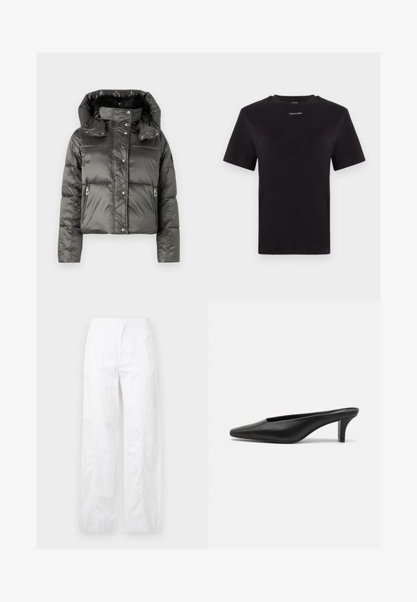 Tumedat hallid puffer-jakk, millel on särav viimistlus, eemaldatav kapuuts, lukuga taskud ja nööbid.; Must musta t-särk lühikeste käistega, ümberringi kaelusega ja väikese valge "Calvin Klein" logo'ga rinnal. Sile tekstuur, klassikaline lõige.; Valged laiad püksid, mis on valmistatud kergetest materjalidest, omades siledat tekstuuri, puhtaid jooni ja kõrget vöökohta.; Mustadast mustad nahast teravatipulised mules madala stilletokontsaga. Sile tekstuur, minimalistlik disain ja avatud selg mugavaks selga panemiseks.