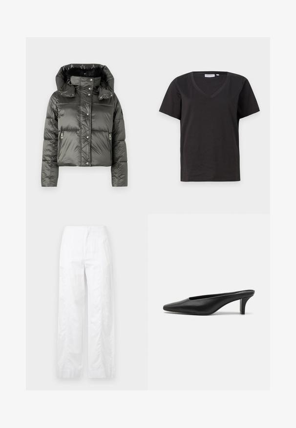 Tumedat hallid puffer-jakk, millel on särav viimistlus, eemaldatav kapuuts, lukuga taskud ja nööbid.; Must musta T-särk V-kaelusega ja lühikeste varrukatega. Lihtne disain, regulaarne istuvus, ilma mustrite ja aktsentideta.; Valged laiad püksid, mis on valmistatud kergetest materjalidest, omades siledat tekstuuri, puhtaid jooni ja kõrget vöökohta.; Mustadast mustad nahast teravatipulised mules madala stilletokontsaga. Sile tekstuur, minimalistlik disain ja avatud selg mugavaks selga panemiseks.