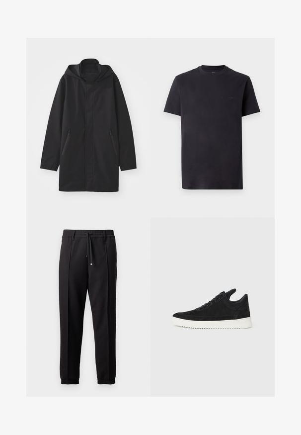 Svart kapuschongjacka med rak skärning, tillverkad av lättviktsmaterial. Har två sidofickor med dragkedja och en minimalistisk design.; Svart bomull T-shirt med rund hals, korta ärmar och präglad logotypdetalj på bröstet. Slät textur, avslappnad passform.; Svarta byxor med midjeresår, dragsnodd och elastiska muddar. Har veck och ett jämnt, texturerat tyg.; Svart mockaskor med en vit gummisula, som har ton-i-ton-sömmar och snörningsdesign. Slät textur med en modern, strömlinjeformad form.