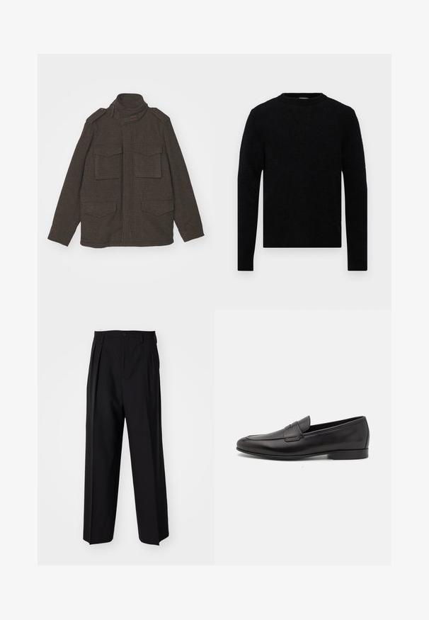 Bruine jas met patroon en hoge kraag, twee borstzakken en twee onderzakken. Heeft schouderaccenten en een ritssluiting.; Filippa K SWEATER - Trui - black; Zwarte geplooide broeken met een rechte, brede pijpontwerp. Gemaakt van soepele stof, met een knoopsluiting en riemlussen.; Zwarte leren herenloafers met een lage hak en een klassiek pennystrap-ontwerp, getoond in zijaanzicht op een witte achtergrond.