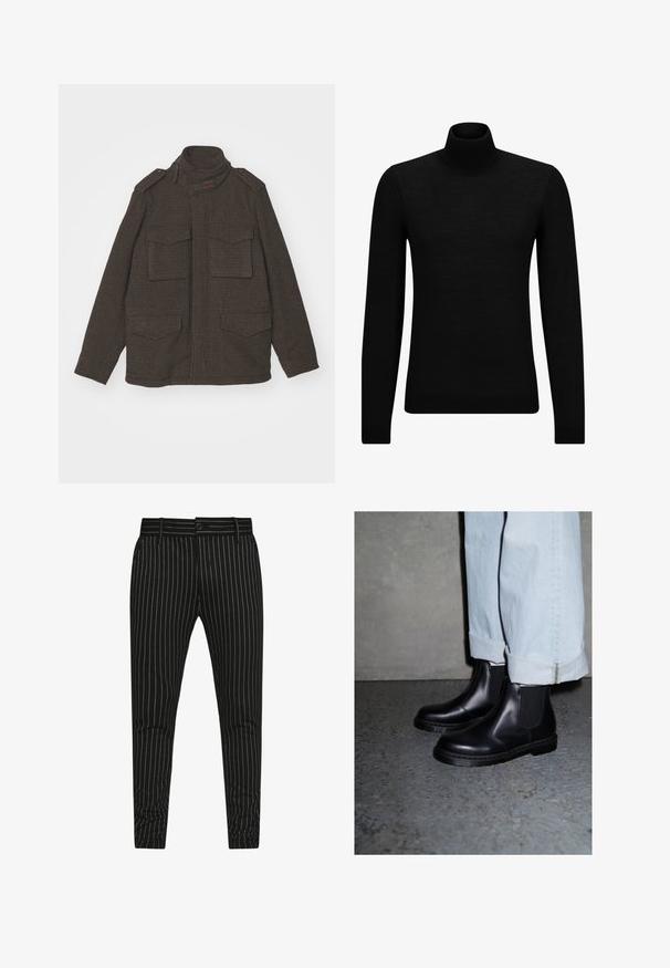 Veste marron à motifs avec col haut, deux poches poitrine et deux poches inférieures. Présente des accents aux épaules et une fermeture zippée.; Pull à col roulé noir en matériau doux, avec des manches longues et une coupe ajustée. Finition côtelée au bas et aux poignets. Design simple.; Pantalons rayés noirs avec des fines rayures blanches verticales, une coupe slim, et une fermeture à bouton avec passants de ceinture pour un ajustement réglable.; Bottines Chelsea en cuir noir avec des panneaux latéraux élastiques et une semelle en caoutchouc texturée, associées à un jean en denim bleu clair avec ourlets.