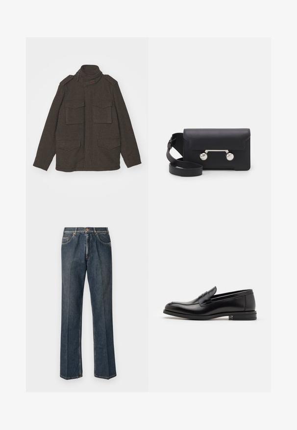 Veste marron à motifs avec col haut, deux poches poitrine et deux poches inférieures. Présente des accents aux épaules et une fermeture zippée.; T-shirt à manches courtes bleu marine avec le texte blanc "neanche per sogno" centré sur la poitrine, col rond, taille moyenne.; Jeans en denim droit bleu foncé avec un bouton à l'avant, une fermeture éclair, deux poches avant et des plis verticaux visibles le long des jambes.; Mocassins en cuir noir avec une texture lisse, bout rond et une sangle décorative sur le dessus. Talon bas empilé, design minimaliste.; Sac bandoulière en cuir noir avec un rabat, accessoires en métal argenté et deux accents ronds. Doté d'une bandoulière amovible. Texture lisse.