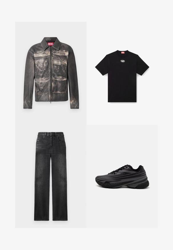 Svart läderjacka med en något väderbiten finish, frontdragkedja, två bröstfickor och två nedre fickor, med krage.; Svart bomulls-t-shirt med rund hals och korta ärmar. Har en liten, silverfärgad logotyp broderad i mitten av framsidan.; Svarta rak ben-jeans i denim, med fem fickor, bälteshällor och subtila blekningar på tyget för struktur.; Svart löparsko med en texturerad ovandel och grå ränder. Tjock sula för dämpning, rund tå och platta snören för en säker passform.