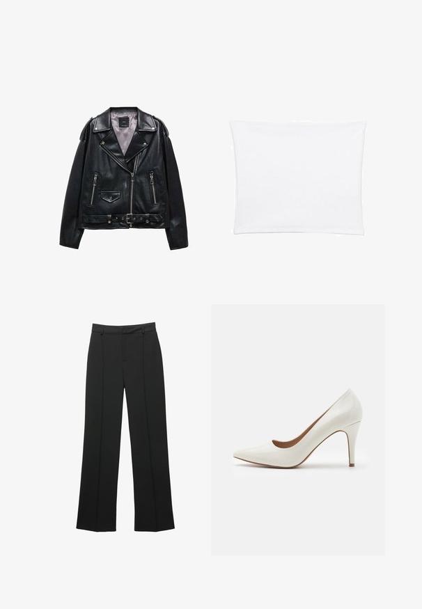 Mango Imitatieleren jas - black; Witte kussensloop met een gladde, zachte textuur, met een rechthoekige vorm en strakke randen, ontworpen voor standaard kussengroottes.; Zwarte hoge taille wijde broek met riemlussen en een detail met verticale naad, gepresenteerd op een witte achtergrond.; Witte laarzen van patenter leer met een scherp neus en een glad oppervlak, met een slanke hak en een lage uitsnede rond de opening.