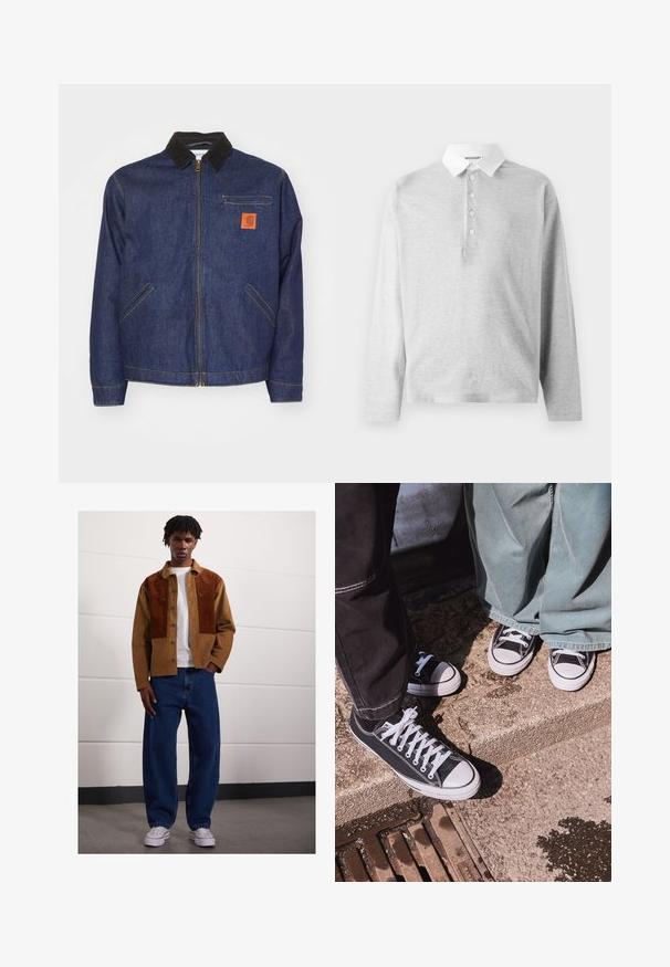 Jaqueta de ganga de cor azul escuro, com gola de veludo, fecho de correr e dois bolsos laterais. Apresenta um pequeno patch em laranja no peito.; Polo de manga longa cinza-claro feito de tecido macio, com um colarinho branco e uma pala com quatro botões. Textura suave, design casual.; Jaqueta de veludo cotelê castanha com remendos contrastantes em castanho escuro, t-shirt branca por baixo, jeans azuis largos e ténis brancos.; Sapatilhas baixas em tela preta com bicos e cordões de borracha brancos, combinadas com calças de ganga largas verdes, sobre uma superfície de pedra texturizada.