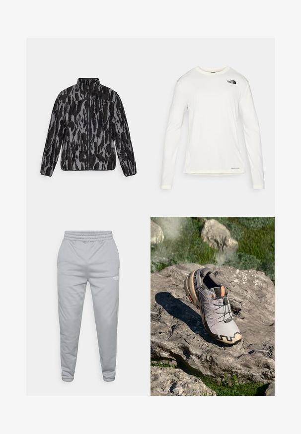 Fleecejakke med høj krave, der har et grå og sort abstrakt dyreprint, lynlås lukning og struktureret stof.; Hvid langærmet skjorte med rund hals, struktureret stof, sort logo på venstre skulder og undermærkning nederst.; Lys grå joggerbukser med elastisk talje og manchetter ved anklerne. Har et lille hvidt logo på den nedre side. Tekstureret materiale.; Lys grå trail løbesko med beige accenter, tekstureret overdel, sorte snørebånd og udtalt sålkonstruktion. Har brandets logo.