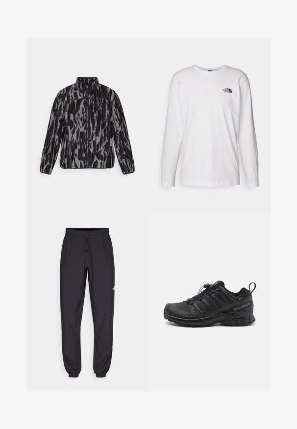 Giacca in pile con collo alto, caratterizzata da una stampa animale astratta grigia e nera, chiusura con zip e tessuto testurizzato.; T-shirt bianco a maniche lunghe in cotone con colletto rotondo. Presenta un piccolo logo nero sul petto. Texture liscia, vestibilità regolare.; Pantaloni sportivi neri realizzati in tessuto leggero, con vita regolabile con cordino, tasche laterali e orli affusolati alle caviglie.; Scarpa sportiva nera con parte superiore in sintetico testurizzato, suola imbottita e sistema di allacciatura rapida. Presenta una punta e un tallone rinforzati.