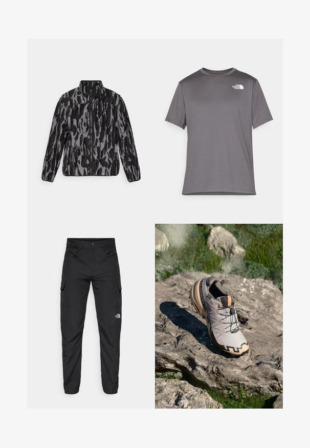 Fleece bunda s vysokým golierom, s abstraktným vzorom v šedej a čiernej farbe, na zips a z texturovanej látky.; Sivý športový tričko s krátkym rukávom vyrobené z hladkej, ľahkej tkaniny. Na ľavej časti hrude má biele logo. Dizajn s okrúhlym výstrihom.; The North Face HORIZON PANT - Outdoorové nohavice - black; Svetlošedá trailová bežecká obuv s béžovými akcentami, štruktúrovaným zvrškom, čiernymi šnúrkami a výrazným vzorom na podrážke. Obsahuje logo značky.