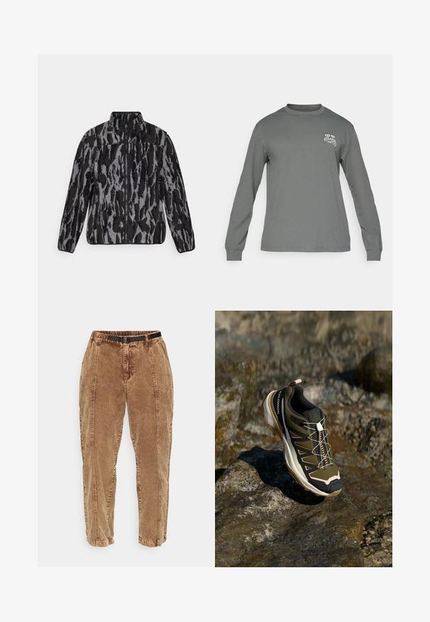 Fleece jacket with a high collar, featuring a gray and black abstract animal print, zip closure, and textured fabric.; Long-sleeve shirt in gray fabric, featuring a crew neck and a white graphic logo on the left chest. Smooth texture and simple design.; Brown corduroy pants with a textured surface, featuring a black adjustable belt, side pockets, and a relaxed fit. Pants taper toward the ankles.; Hiking shoe in olive green and black with pink accents. Features a textured upper, flexible sole, reinforced toe cap, and colorful lacing system.