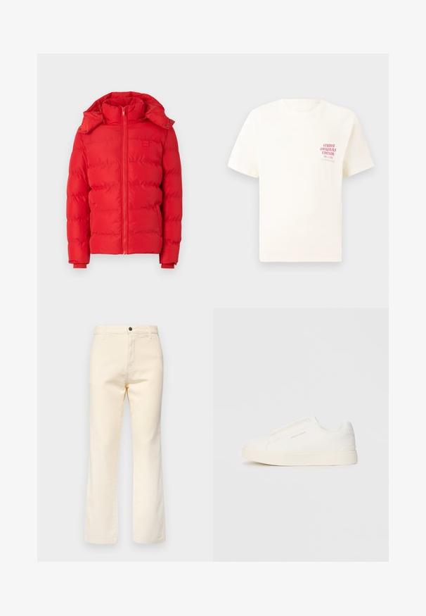 Crvena podstavljená jakna s visokim ovratnikom, odvojivom kapuljačom, zatvaranjem na patentni zatvarač i elastičnim manžetama. Glatka tekstura s zakovanim šavovima.; Bijela kratka majica s kratkim rukavima s crvenim natpisom "Studio Originals Edition" na lijevoj strani grudi, prikazana na neutralnoj sivoj pozadini.; Kremaste pamučne traperice ravnog kroja, s prednjim zatvaračem na dugme i standardnim pet džepova.; Bijele slip-on tenisice s teksturiranom površinom, debelim đonom i minimalističkim dizajnom. Sadrže logo branda sa strane.