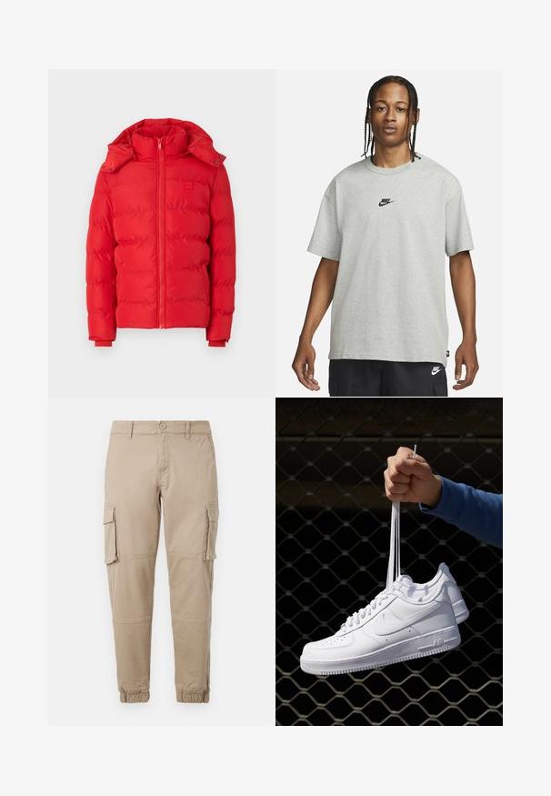 Jachetă roșie căptușită, cu guler înalt, glugă detașabilă, închidere cu fermoar și manșete elastice. Textură netedă, cu un model de cusături matlasate.; Tânăr cu părul împletit, îmbrăcat cu un tricou Nike gri deschis și pantaloni scurți Nike negri, pe un fundal alb simplu.; Pantaloni cargo bej dintr-un material din bumbac ușor. Au manșete elastice, mai multe buzunare laterale și închidere cu buton.; Adidași albaștri din piele cu perforații, vârf rotund, talpă plată și șireturi groase, cu un logo swoosh vizibil și cu inscripția "AIR" pe toc.
