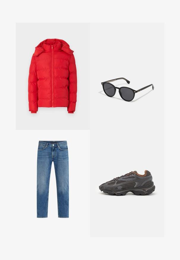 Crvena podstavljená jakna s visokim ovratnikom, odvojivom kapuljačom, zatvaranjem na patentni zatvarač i elastičnim manžetama. Glatka tekstura s zakovanim šavovima.; Crvena pamučna majica s kratkim rukavima, okruglim izrezom i malim logom na lijevoj strani prsiju. Glatka tekstura i regularna kroja.; Svijetloplave traperice s ravnim krojem, izbljeđeni pranjem, pet džepovima, kontrastnim šavovima i prednjim patentnim zatvaračem.; Lacoste tenisice u tamno sivoj boji s mrežastim i sintetičkim materijalom, s teksturiranom potplatom i smešnim akcentima na ovratniku i brandiranju.; BOSS Sunčane naočale - black