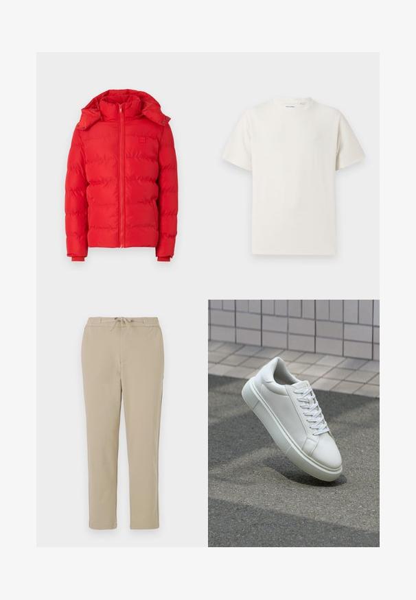 Červená zateplená bunda s vysokým límcem, odnímatelnou kapucí, zipovým zapínáním a elastickými manžetami. Hladký povrch s prošívaným vzorem.; Bílý krátký rukáv tričko s pružnou strukturou. Kulatý výstřih, volný střih, bez viditelných vzorů nebo detailů. Jednoduchý a univerzální design.; Béžové lounge kalhoty s elastickým pasem a šňůrkou, s rovnými nohavicemi a měkkou, hladkou texturou.; Bílé kožené tenisky s hladkým povrchem, kulatou špičkou a plochými bílými tkaničkami. Disponují texturovanou gumovou podrážkou a minimálními designovými prvky.