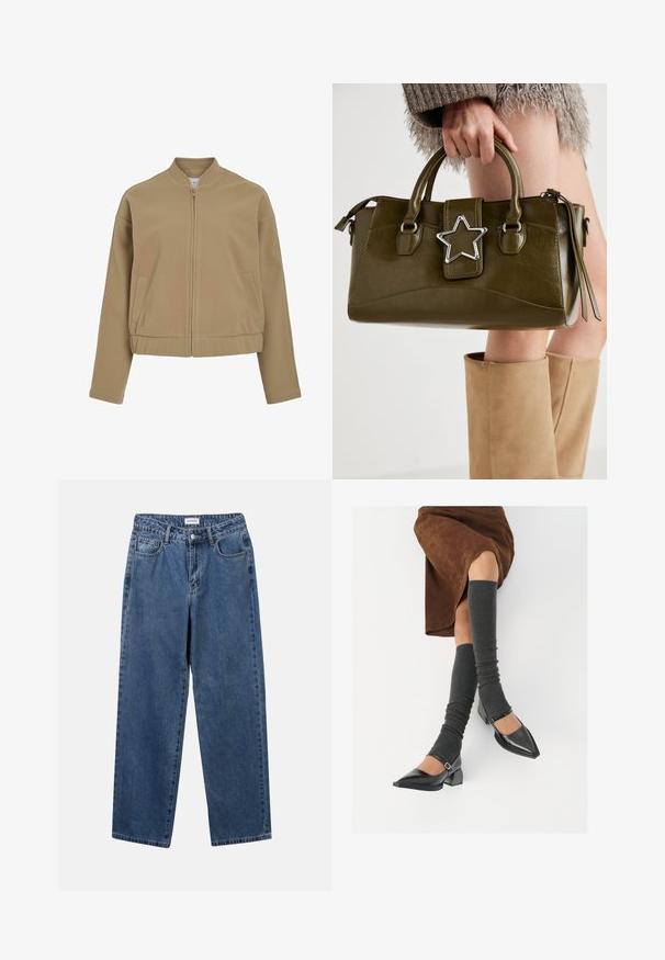 Beige lynlåsjakke med rund krave, sænkede skuldre og sidelommer. Lavet af glat, blødt stof med en struktureret pasform.; Blød strikket sweater med vandrette fnugstriber i nuancer af pink, lilla og lys grå, med rund halsudskæring og lange ærmer.; Klassiske blå denimbukser med lige ben, fem lommer og knaplukning. Har en medium vask og en robust tekstur.; Sorte patenterede lædersko med spids tå, blokhæl og ankelrem, kombineret med grå ribbede benvarmere og en brun ruskinds nederdel.; Olivengrønt faux læder håndtaske med sølvstjerne accent, dobbelt håndtag og lynlås lukning. Teksturopfald og struktureret form.