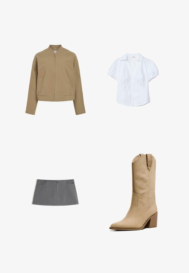 Beige lynlåsjakke med rund krave, sænkede skuldre og sidelommer. Lavet af glat, blødt stof med en struktureret pasform.; Hvid kortærmet skjorte med struktureret krave, bluser med pufærmer og frontlukning med knapper. Har rynket stof ved brystet.; Grå nederdel med lige snit, to forlommer, frontlukning med knap og et subtilt mønster.; Bershka HIGH-HEEL - Cowboy- / bikerstøvler - beige