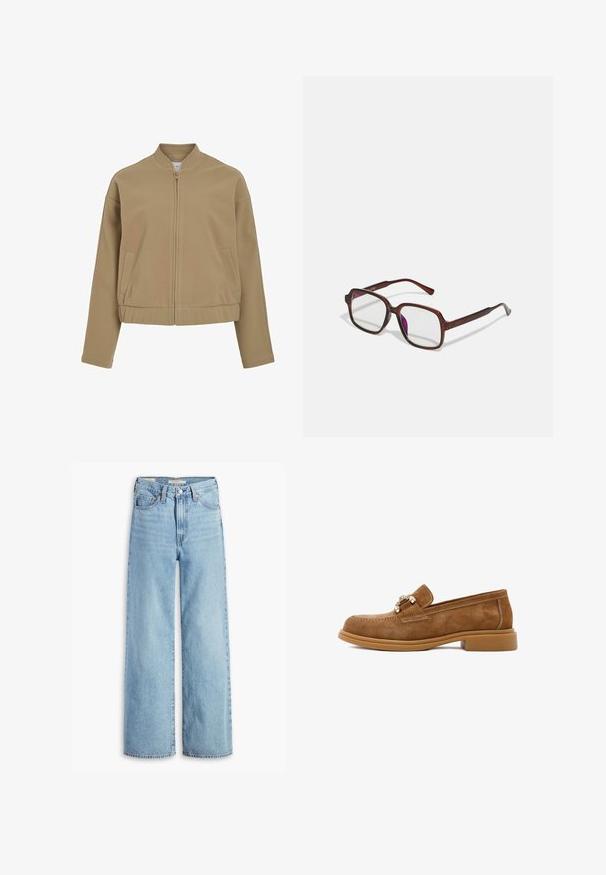 Beige zip-up jacket with a round collar, dropped shoulders, and side pockets. Made of smooth, soft fabric with a structured fit.; Light blue short-sleeved shirt made of soft fabric, featuring a button-down front and a classic collar. Smooth texture and relaxed fit.; High-waisted, light blue wide-leg jeans with front button and zipper, belt loops, and five-pocket styling.; Brown suede loafers with a low rubber heel, featuring decorative metallic hardware and contrast stitching along the upper.; Brown, rectangular eyeglasses with transparent lenses and purple tints. Smooth plastic frame with straight temples and subtle accents.; Call it Spring SAWYERR - Handbag - tan