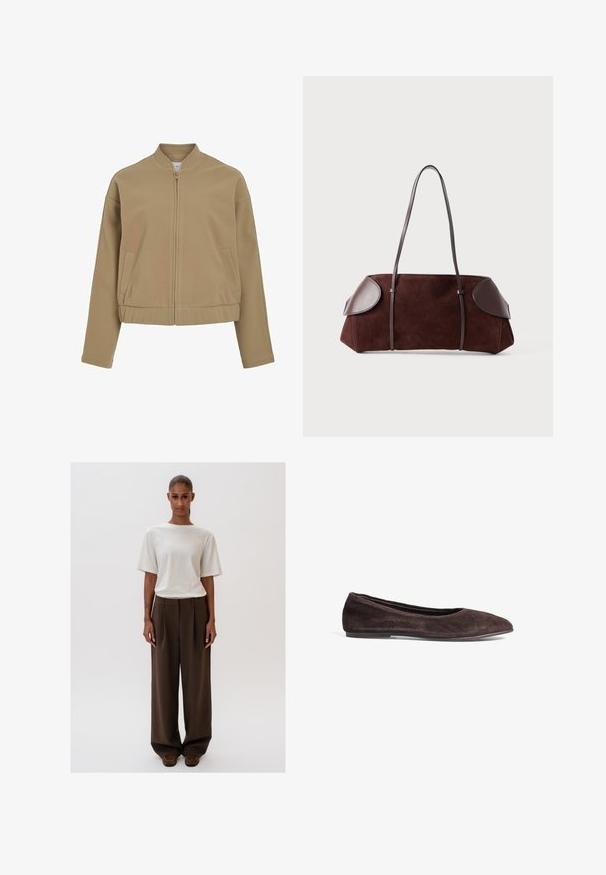 Beige lynlåsjakke med rund krave, sænkede skuldre og sidelommer. Lavet af glat, blødt stof med en struktureret pasform.; Hvid, kortærmet top med et struktureret, ribbet mønster og en rund halsudskæring. Lavet af et blødt materiale. Kort længde.; Cremehvid afslappet t-shirt med korte ærmer, kombineret med højtaljede, brede brune bukser. Simpelt design, glatte teksturer.; Brune ruskinds ballerina med spids tå og lav profil. Har en glat tekstur og minimalistisk design. Ingen synlig hardware eller accenter.; Brun ruskinds taske med læderdetaljer, struktureret form, dobbelte skulderstropper og afrundede kanter, som har en glat tekstur og minimal hardware.
