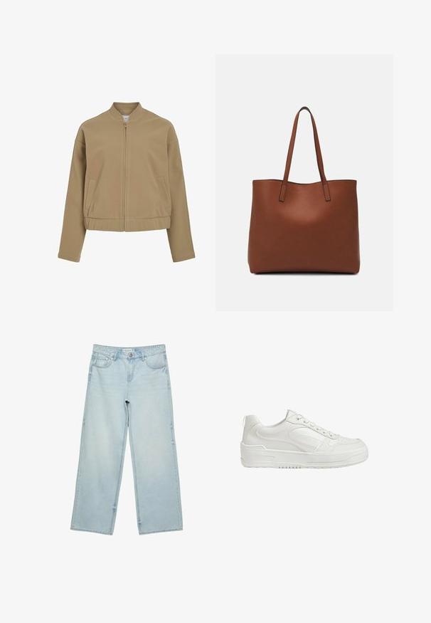 Beige vetoketjullinen jakku, jossa on pyöreä kaulus, pudotettu olkasauma ja sivutaskut. Valmistettu sileästä, pehmeästä kankaasta, jossa on jämäkkä leikkaus.; Valkoinen T-paita, joka on valmistettu pehmeästä ja kevyestä kankaasta. Omistaa pyöreän kaula-aukon ja lyhyet, leveät hihat rentoa istuvuutta varten. Ei näkyviä kuvioita.; Vaaleansiniset leveälahkeiset farkut, joissa on korkea vyötärö, viisi taskua ja hienovarainen haalistus. Suora leikkaus ja huolitellut reunat.; Valkoiset nahkabootsit, joissa on sileä pinta, pehmustettu nilkka ja rei'itetty varvas. Varustettu hieman kohotetulla kumipohjalla ja nauhakiristyksellä.; Ruskea nahkainen olkalaukku, jossa on sileä pinta, avoin yläosa ja kaksi olkahihnaa. Omaavat vain minimaalisen ompelun eikä näkyvää metalliosaa.