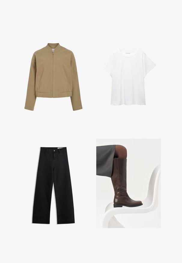 Beige ritsjack met een ronde kraag, verlaagde schouders en zijzakken. Gemaakt van gladde, zachte stof met een gestructureerde pasvorm.; Witte T-shirt van zacht, lichtgewicht stof. Heeft een ronde halslijn en korte, brede mouwen met een ontspannen pasvorm. Geen zichtbare patronen.; Zwarte denim broek met wijde pijpen en een hoge taille, voorzien van voor- en achterzakken, gestikte naden en een knoopsluiting. Gladde textuur.; Bruine leren knie-hoge laars met een ronde neus, een soepele textuur en minimale stikseldetails, tegen een lichte achtergrond op een witte stoel.