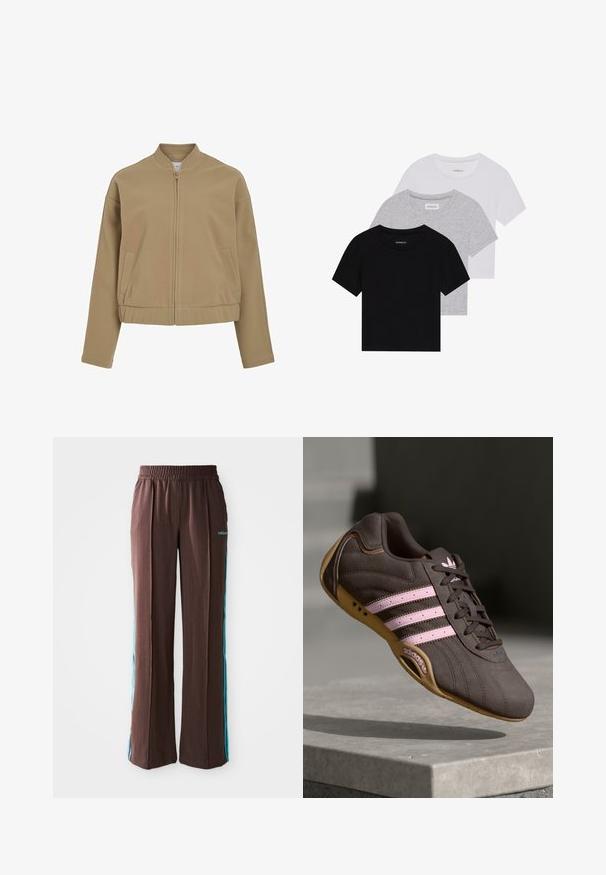 Beige zip-up jacket with a round collar, dropped shoulders, and side pockets. Made of smooth, soft fabric with a structured fit.; Set of three short-sleeve t-shirts in black, gray, and white. Made from cotton, featuring a crew neck and a simple, solid color design.; Brown athletic pants with a ribbed texture, elastic waistband, and turquoise side stripes. Features the adidas logo on the front.; Brown suede athletic shoe with pink stripes and logo, featuring a textured upper, lace closure, and a gum rubber sole.