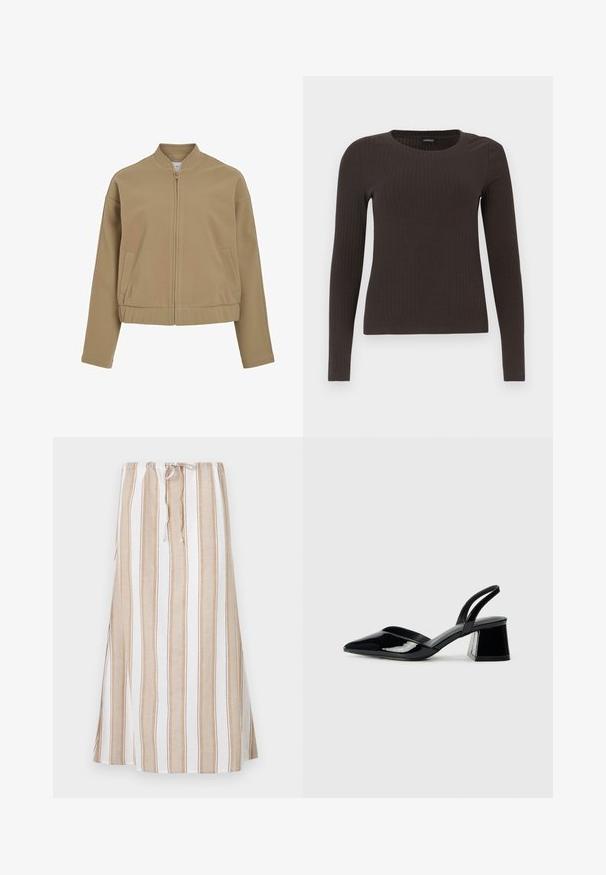 Beige zip-up jacket with a round collar, dropped shoulders, and side pockets. Made of smooth, soft fabric with a structured fit.; Brown, long-sleeve ribbed top with a crew neckline. Made from a smooth, stretchy material, featuring a fitted silhouette and minimal detailing.; Striped skirt in white and light brown, featuring a drawstring waist and a long, flowing design. Made from lightweight fabric with a relaxed fit.; Black patent leather slingback heels with a pointed toe and a geometric block heel. Features a sleek, minimal design and smooth texture.
