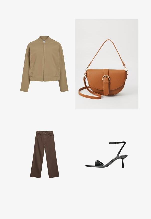 Beige bunda na zip s kulatým límcem, spadlými rameny a bočními kapsami. Vyrobena z hladkého, měkkého materiálu s tvarovaným střihem.; Hnědé tričko s krátkým rukávem vyrobené z měkké látky, s kulatým výstřihem a volným střihem. Bez viditelných vzorů nebo dekorací.; Hnědé džíny s širokými nohavicemi vyrobené z denimu, s vysokým pasem, předními kapsami a klasickým zapínáním na knoflík. Hladká textura s jemným švem.; Bershka Sandály na vysokém podpatku - black; Hnědá kožená křížová taška s zakřiveným tvarem, zlatými detaily a akcentem s přezkou. Obsahuje odnímatelný popruh na rameno.