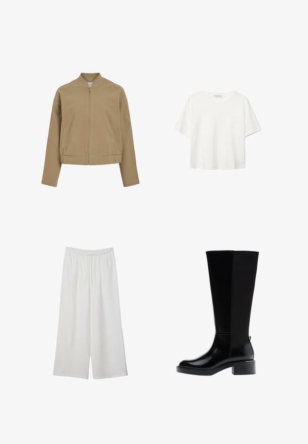 Beige lynlåsjakke med rund krave, sænkede skuldre og sidelommer. Lavet af glat, blødt stof med en struktureret pasform.; Hvid kortærmet t-shirt lavet af bomuld. Har en rund halsudskæring og en afslappet pasform. Glat tekstur uden synlige mønstre eller detaljer.; Hvide vidde bukser lavet af letvægtsstof, med en elastisk talje og snøre for justerbar pasform. Glat tekstur.; Sort knæhøj støvle med glat læderfinish, tydelig syning, en klodset hæl og en struktureret bagpanel for ekstra interesse.