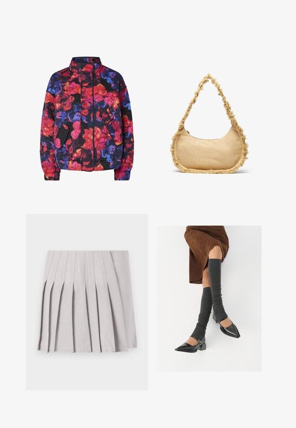 Kergitatud jakk kõrge kraega, küljetaskute ja lillemustriga punaste, oranžide, siniste, lillade ja mustade toonidega.; Valge õlavabalt topp, millel on volangakujulised aktsendid, kokku tõmmatud tekstuur ja elastne vöökoht. Valmistatud pehmest puuvillakangast.; Hallgray plekilise seelik sujuva tekstuuriga, millel on mitu vertikaalset voldikest ja sobiv talje. Valmistatud kerge kangaga.; Mustad patsaline odav värviga kingad, millel on kreen ja pahkluuring, on paaritatud hallide ribakudumitega sääremiidega ja pruunist nahast seelikuga.; Tekstuuriga beez kott, ümar kuju, narmastega ääred ja lühike rihm kaasas kandmiseks. Ülemine lukuga ava.