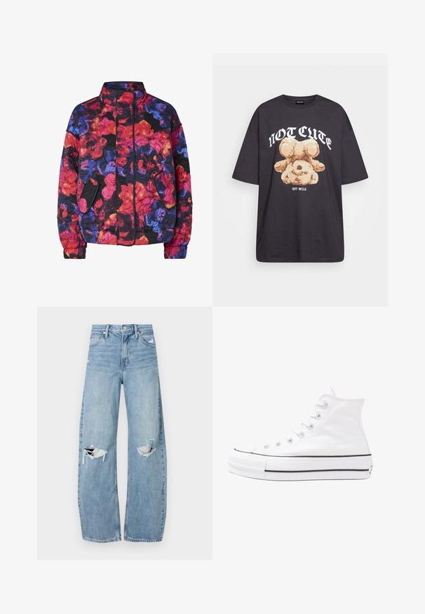 Casaco em quilt com gola alta, bolsos laterais e padrão floral nas cores vermelho, laranja, azul, roxo e preto.; T-shirt oversized preto com uma gráfica de um urso e o texto "NÃO FOFO, MAS SELVAGEM" em letras brancas e em negrito. Material em algodão.; Jeans de lavagem clara, de cintura alta, feitos de denim. Apresentam pernas largas, duas áreas rasgadas nos joelhos e o estilo clássico de cinco bolsos.; Sapatilha alta de tela branca com sola de borracha preta, bico de borracha na frente e seis ilhós para os atacadores, apresentando um design limpo e minimalista.