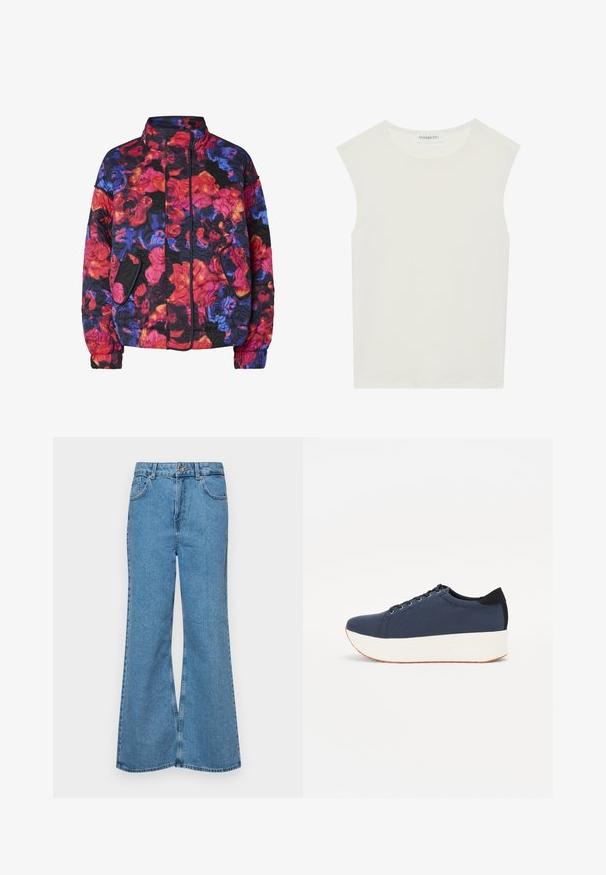 Kergitatud jakk kõrge kraega, küljetaskute ja lillemustriga punaste, oranžide, siniste, lillade ja mustade toonidega.; Valge ilma varrukateta topp ümmarguse kaelusega. Valmistatud siledast kangast, sellel on mugav lõige ja minimalistlik disain. Ei ole mustreid ega aksessuaare.; Heledad sinine flared teksade rõivad, millel on kõrge talje, viis taskut ja üks nupulukk. Pehme tekstuur ja pleekinud viimistlus.; Tumedat sinised tennised tekstureeritud riidest pealispinnaga, valge platvormi tallaga, ümarate varvaste ja musta kontsapaneeliga. Omab kuut silma paelte jaoks.