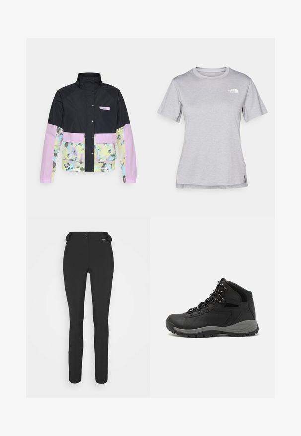 Columbia PFG OPEN WATER™ - Jachetă de vânt - black/spring yellow; Tricou scurt cu mânecă gri, fabricat dintr-un material moale, care absoarbe umezeala. Are un guler rotund și un mic logo alb în partea stângă sus.; Pantaloni negri, ajustați, confecționați dintr-un material flexibil. Caracteristici includ un buzunar cu fermoar pe lateral, genunchi articulați și o textură netedă.; Botă de drumeție neagră cu un design mediu, având un material texturat, accente gri și o talpă din cauciuc durabilă cu crampoane pentru aderență.