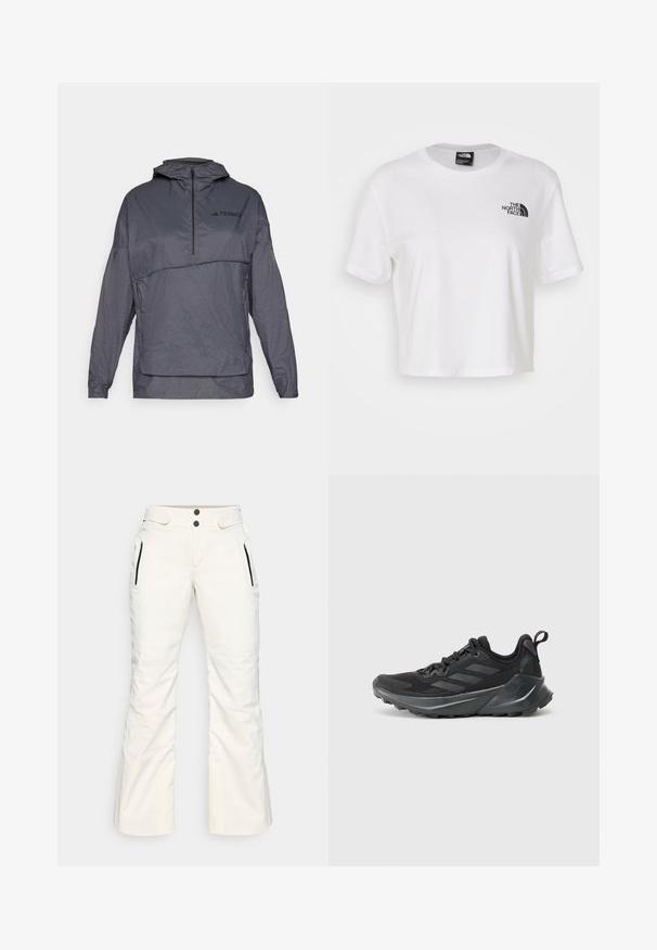 Giacca pullover grigia con cappuccio, zip a mezza lunghezza sul davanti, tessuto texturizzato e logo sul lato sinistro del petto. Presenta maniche lunghe e polsini elastici.; T-shirt bianco cropped in cotone con scollo rotondo e maniche corte. Presenta un logo nero sul lato sinistro del petto.; Pantaloni da sci bianchi con una texture liscia, dotati di due tasche laterali con zip, due bottoni in vita e un design della gamba leggermente svasato.; Scarpe da ginnastica nere con una parte superiore in tessuto testurizzato, design a tre strisce prominenti in grigio, suola intermedia ammortizzata e suola robusta.