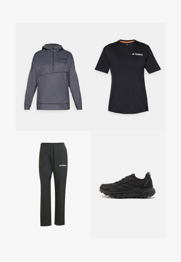 Grå hettejakke med kvart glidelås foran, teksturert stoff og logo på venstre bryst. Har lange ermer og elastiske mansjetter.; Svart T-skjorte med kort erme og rund hals, med en subtil melert tekstur og hvit "TERREX" logo på øverste venstre side.; Svarte lette bukser med elastisk liv. Har en subtil "TERREX"-logo i hvitt. Glatt stoff og rett ben-design.; Svarte treningst sneakers med teksturert syntetisk overdel, snøring, tykk gummisåle og diskrete logo-akcenter på siden og hælen.