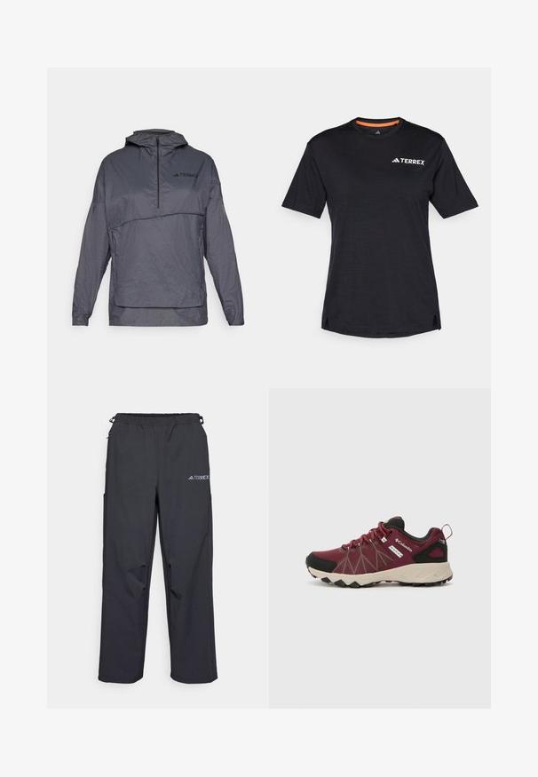 Pilkas megztinis su kapišonu, ketvirčio užtrauktuku priekyje, audinys su tekstūra ir logotipas kairėje krūtinės pusėje. Turi ilgas rankoves ir elastingus rankogalius.; Juodas trumpas rankovės marškinėliai su apvaliu kaklu, su subtiliu melange tekstūra ir baltu "TERREX" logotipu viršutiniame kairiajame kampe.; Juodos, lengvos lauko kelnės su elastinga juosmens juosta, šoniniais kišenėmis ir logotipu viršutiniame dešiniajame šlaunyje. Lygi, vandeniui atspari medžiaga.; Columbia PEAKFREAK™ II OUTDRY™ - Turistiniai batai - deep madeira/white peach
