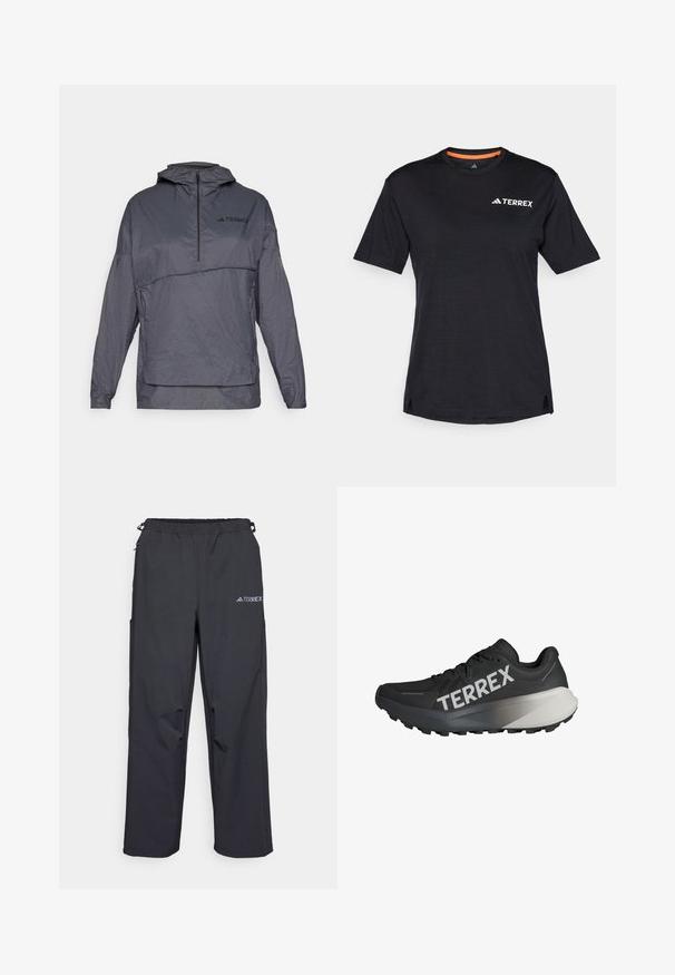 Veste à capuche grise avec fermeture éclair quart, tissu texturé et logo sur la poitrine gauche. Elle dispose de manches longues et de poignets élastiques.; T-shirt noir à manches courtes avec col rond, présentant une texture chinée subtile et un logo "TERREX" blanc sur le côté supérieur gauche.; Pantalons d'extérieur noirs, légers, avec une taille élastique, des poches latérales et un logo sur la jambe droite supérieure. Tissu lisse et résistant à l'eau.; Chaussure de course noire avec une tige texturée, logo "TERREX" bien visible en blanc, design de semelle effilée et un accent dégradé gris au niveau du talon.