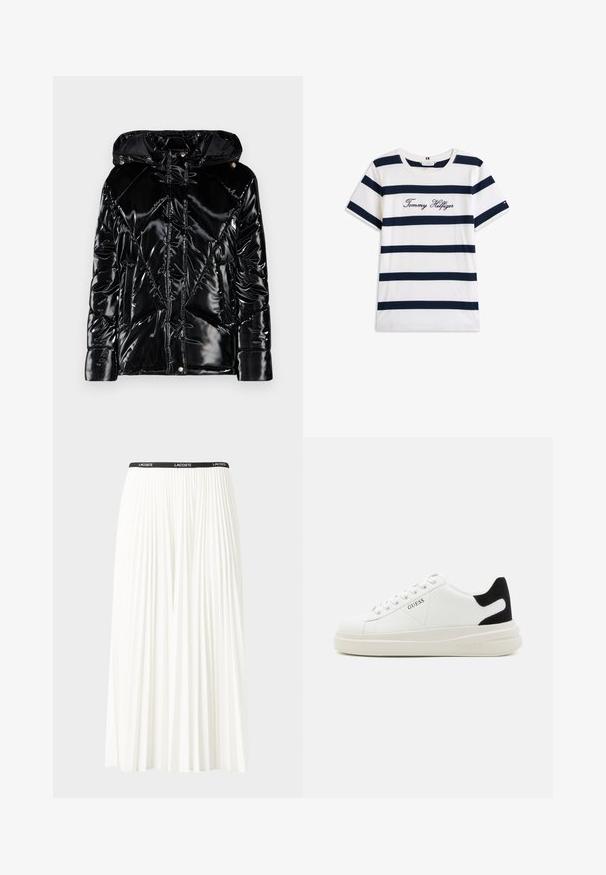 Doudoune noire avec une finition brillante, dotée d'une capuche, d'une fermeture éclair et de motifs de couture diagonaux. Conçue avec deux poches latérales.; T-shirt en coton avec des rayures horizontales bleu marine sur un fond blanc. "Tommy Hilfiger" brodé en écriture cursive sur la poitrine. Encolure ras du cou.; Jupe plissée blanche avec une taille élastique noire portant le logo "LACOSTE". Design mi-long avec une texture douce.; Baskets en cuir blanc avec une épaisse semelle blanche, un accent en daim noir au niveau du talon et un logo embossé sur le côté. Design à lacets avec six œillets.