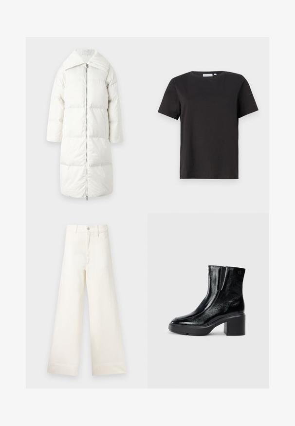 Hvit pufferjakke med høy krage, lange ermer og glidelås foran. Har en quiltet design og en glatt, skinnende tekstur.; Svart bomulls-T-skjorte med korte ermer, rund hals og et enkelt, rent design. Ingen synlige mønstre eller dekorasjoner.; Vide bukser i lys beige bomull. Har høy midje, frontlommer og rett passform. Renslig søm uten mønstre.; Sorte lakkskinn ankelstøvler med buet tå, elastiske sidestykker og en chunky klossheel. Har preget logo på baksiden.