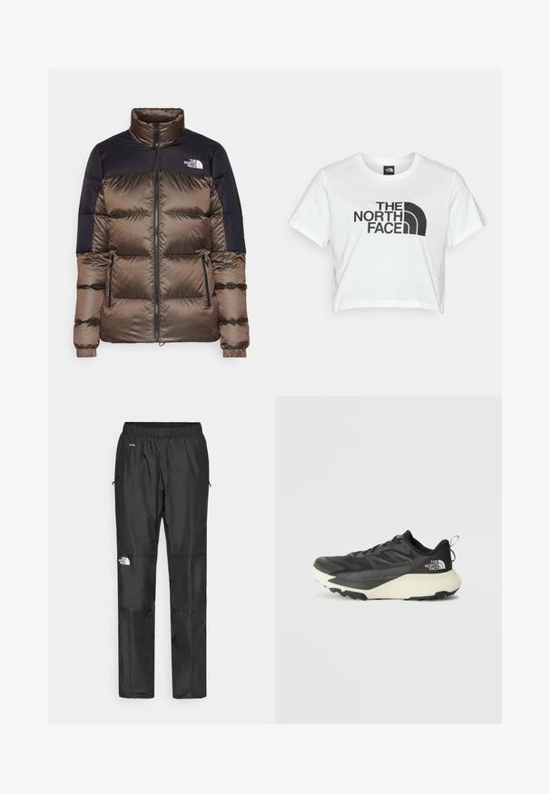 Rudos ir tamsiai mėlynas pūkinis švarkas su aukštu apykaklę, užtrauktuku, dviem šoninėm kišenėm ir logotipu ant krūtinės. Sklandus paviršius, kvadratinis dizainas.; Balta trumpa džinsinė marškinėlių su iš medvilnės, priešakinėje pusėje puikuojasi didelis juodas "THE NORTH FACE" logotipas ir ikoniškas puslankio grafikas.; Juodi nepralaidūs vandeniui kelnių, pagamintų iš lengvos medžiagos, su elastingu juosmeniu, šoninėmis kišenėmis ir logotipu kairiajame šone.; Juodas sportinis batas su tekstūruota viršutine dalimi, su pilkomis detalėmis ir baltu viduriu. Apima pakėlimo juostelę ir ryškų prekės ženklo logotipą ant kulno.