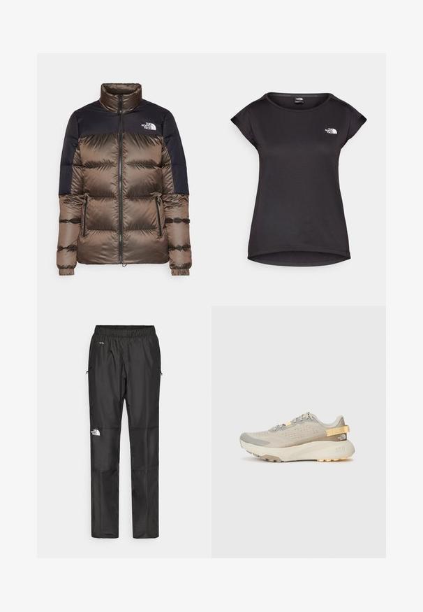Rudos ir tamsiai mėlynas pūkinis švarkas su aukštu apykaklę, užtrauktuku, dviem šoninėm kišenėm ir logotipu ant krūtinės. Sklandus paviršius, kvadratinis dizainas.; The North Face TANKEN TANK - Sportiniai marškinėliai trumpomis rankovėmis - black; Juodi nepralaidūs vandeniui kelnių, pagamintų iš lengvos medžiagos, su elastingu juosmeniu, šoninėmis kišenėmis ir logotipu kairiajame šone.; Šviesiai smėliniai sportiniai bateliai su tekstūruota tinkline viršutine dalimi, pilkais akcentais, tvirtu guminio pado ir galine kilpute patogiam užsidėjimui.