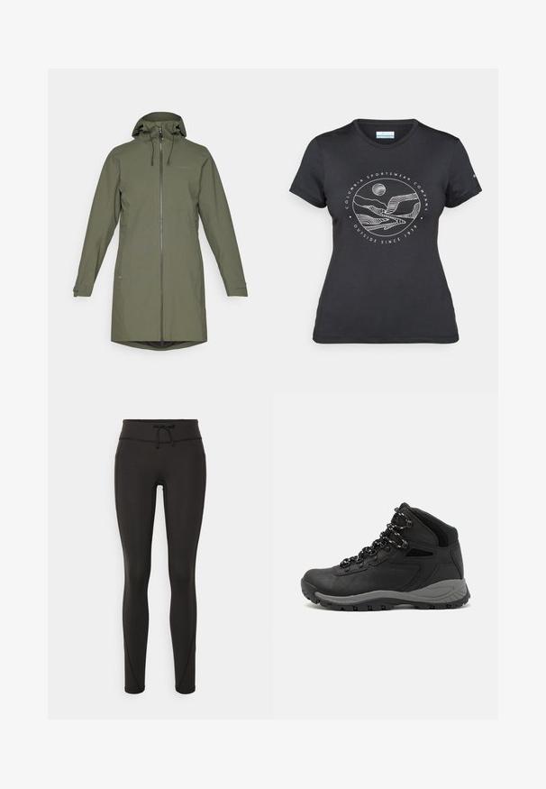 Abrigo impermeable de color verde oliva con cremallera frontal completa, capucha ajustable, mangas largas y bolsillos laterales. Textura mate suave, diseño hasta la rodilla.; Camiseta negra de Columbia con un arte lineal circular de montaña y río en blanco y el texto "Columbia Sportswear Company Fuera desde 1938."; Leggings negros con cintura alta, cordón, textura suave y diseño ajustado. Presenta detalles de costura a lo largo de los laterales.; Bota de senderismo negra con un diseño de medio caña, que cuenta con una parte superior texturizada, acentos grises y una suela de goma duradera con tacos de tracción.