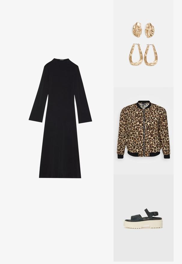 Een bomberjack met luipaardprint, voorzien van een ritssluiting aan de voorkant, zwarte ribgebreide mouwen en zoom, gemaakt van zachte, geweven stof in beige- en bruin tinten.; Zwarte lange mouwen jurk van geribbeld katoen, met een hoge halslijn en een uitlopende silhouet met een middellange snit.; Zwarte suède platform sandaal met een chunky witte zool, brede voorband en verstelbare enkelgesp. Geprofileerde zool voor grip.; Gouden oorbellen met een getextureerd, golvend ontwerp. Bevat sculpturale clip-on studs en een open ringontwerp met een gehamerd oppervlak.
