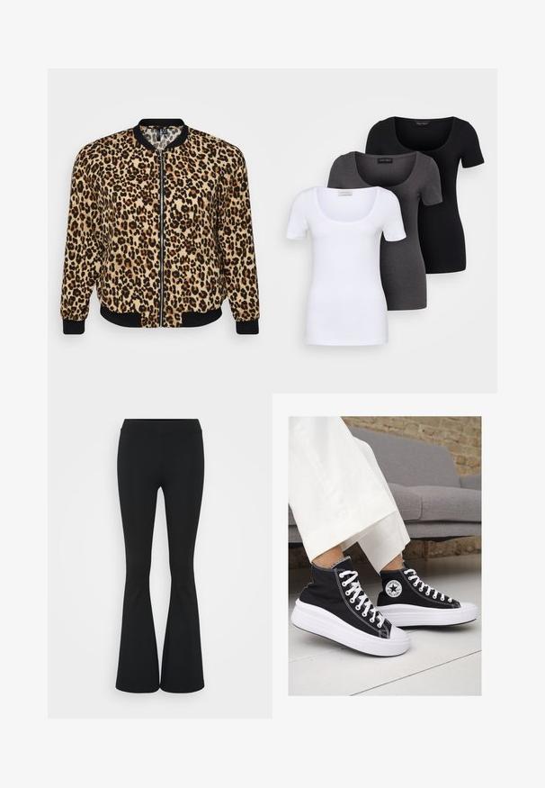 Giacca bomber con stampa leopardata, con zip frontale, polsini e orlo a costine neri, realizzata in morbido tessuto testurizzato nelle tonalità di beige e marrone.; Tre T-shirt aderenti in bianco, grigio e nero. Ognuna presenta un ampio scollo a barca e maniche corte. Realizzate in un tessuto morbido e elastico.; Pantaloni neri a zampa d'elefante realizzati in tessuto elasticizzato, con una vita alta e una superficie liscia. I pantaloni si allargano a partire dal ginocchio.; Sneaker alte nere in tela con suole e lacci bianchi. Presentano un logo circolare sul lato e cuciture bianche a contrasto.