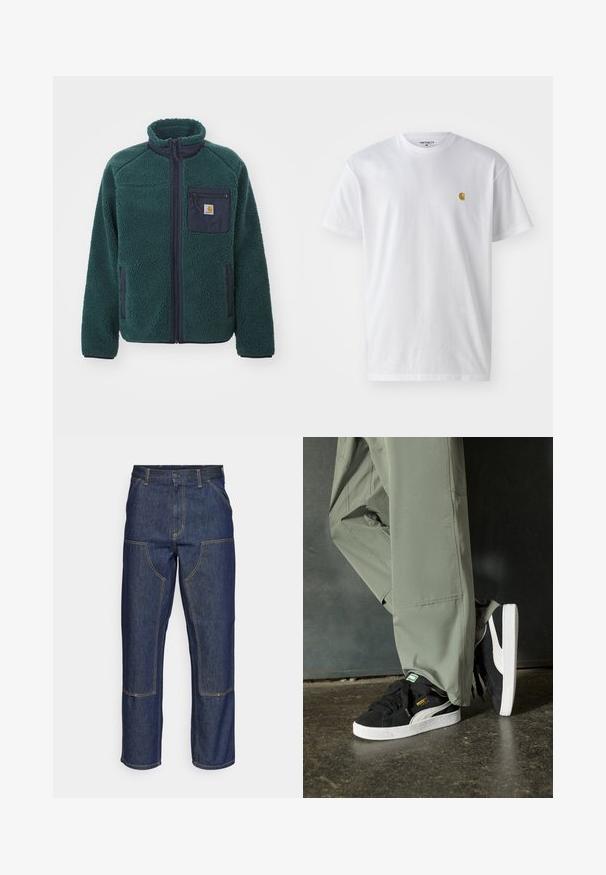 Grøn fleecejakke med høj krave, fuld frontlynlås og en brystlomme med en mørkeblå accent. Strukturmateriale, blødt.; Hvid bomulds t-shirt med korte ærmer, rund hals og et lille guld logo på venstre brystområde. Blød tekstur og almindelig pasform.; Mørkeblå denim jeans med høj talje, lige ben-design, kontrastsyninger og lappelommer foran.; Sorte ruskinds sneakers med hvide gummisåler og sidestreger, parret med lysegrønne cargo bukser, stående på en struktureret mørk overflade.