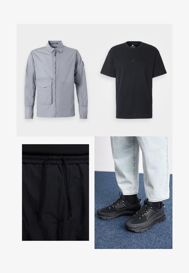 Jaqueta corta-vento cinza claro com gola, fecho de correr à frente e um bolso lateral. Apresenta punhos elásticos e uma textura lisa e brilhante.; T-shirt de algodão preto da Nike com um clássico decote redondo, mangas curtas e um logótipo em relevo discreto no peito. Textura suave.; Calções pretos com um cós elástico ajustável, fabricados em tecido leve com uma textura suave e um design simples, sem logótipos ou padrões visíveis.; Sapatilhas desportivas pretas com tecido texturizado e solas em borracha, apresentando atacadores elásticos e um detalhe azul no calcanhar. Usadas com calças de ganga claras.