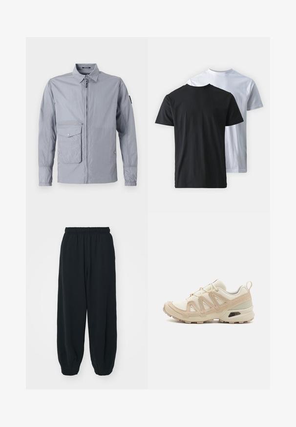 Šviesiai pilkas vėjyje neperpučiamas džemperis su apykaklės iškirpte, priekiniais užtrauktukais ir šonine kišenė. Savybės: elastingi rankogaliai ir lygus, blizgus audinys.; Du žemos medvilnės marškinėliai yra parodyti nugara prie nugaros: vienas juodas, o kitas baltas. Abu marškiniai turi trumpas rankoves ir apvalius iškirpimus, su lygiu paviršiumi.; Juodi, su elastiniu juosmeniu sportiniai kelnės su laisvu siluetu, suapvalintais kulkšnimis, lygia tekstūra ir be matomų raštų ar metalinių akcentų.; Bežinės ir kreminės spalvos sportinės bateliai su tekstūruoto tinklelio viršutine dalimi, palaikančiomis detalėmis ir guminiais padais, turinčiais raštą, užtikrinantį sukibimą.