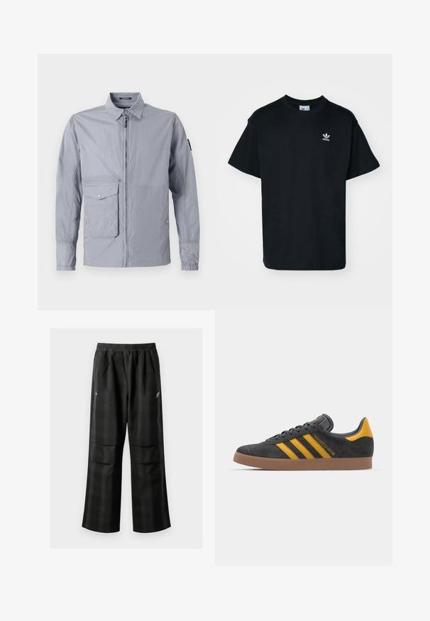 Jaqueta corta-vento cinza claro com gola, fecho de correr à frente e um bolso lateral. Apresenta punhos elásticos e uma textura lisa e brilhante.; T-shirt preta de algodão com gola redonda e mangas curtas, apresentando um pequeno logótipo branco da Adidas na área do lado esquerdo do peito.; Calças pretas em padrão xadrez com cintura elástica, dois bolsos frontais e um ajuste solto com design de perna reta. Feitas de material leve.; Tenis em camurça preta com detalhes amarelos, apresentando três riscas e uma sola de borracha castanha. Inclui uma língua acolchoada para maior conforto.