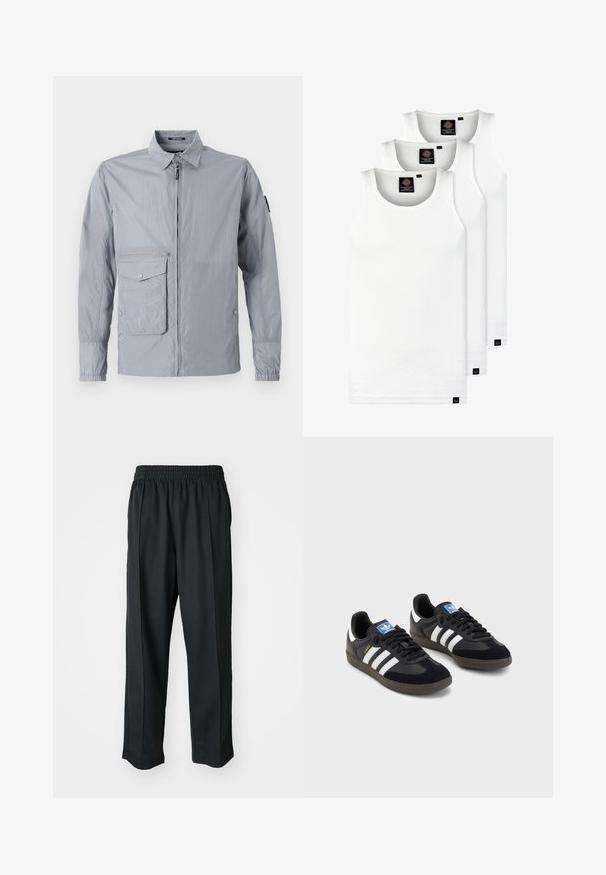 Šviesiai pilkas vėjyje neperpučiamas džemperis su apykaklės iškirpte, priekiniais užtrauktukais ir šonine kišenė. Savybės: elastingi rankogaliai ir lygus, blizgus audinys.; Trys balti, dryžuoti marškiniai be rankovių, pagaminti iš medvilnės. Yra apvalus kaklas ir maži juodi etiketės netoli siūlės. Siūlomi įvairių dydžių.; Juodi sportiniai kelnių modeliai su elastinga juosmena, pagaminti iš šiurkščios medžiagos, su subtiliomis šoninėmis siūlėmis ir laisva, tiesia koja.; Juodi sportiniai bateliai su zomšos ir sintetine viršutine dalimi, turintys tris baltas juosteles, tekstūruotą gumos pado paviršių ir mėlyną logotipo etiketę ant liežuvėlio.